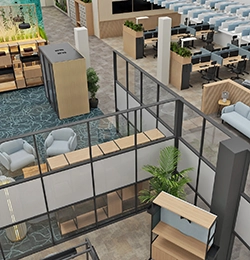 Rendering einer modernen Arbeitsplatzgestaltung in einer Bürofläche